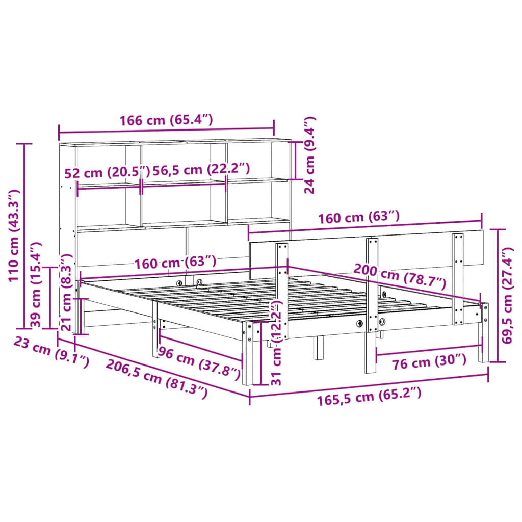 seng med reol uden madras 160x200 cm massivt fyrretræ hvid
