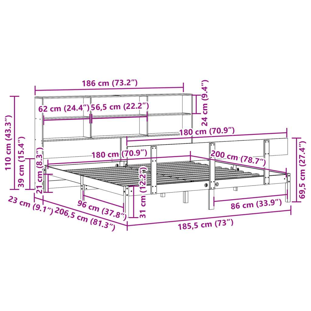 seng med reol uden madras 180x200 cm massivt fyrretræ hvid