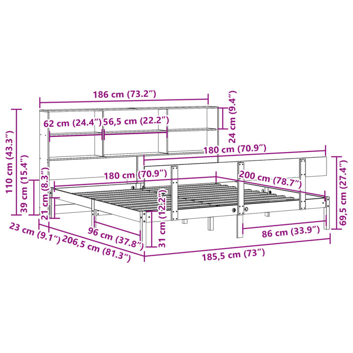 seng med reol uden madras 180x200 cm massivt fyrretræ hvid