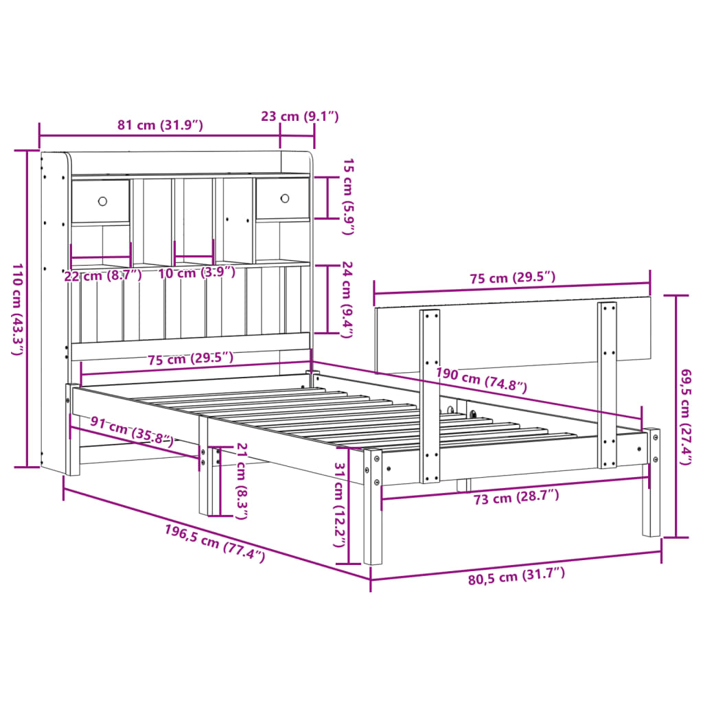 seng med reol uden madras 75x190 cm massivt fyrretræ hvid