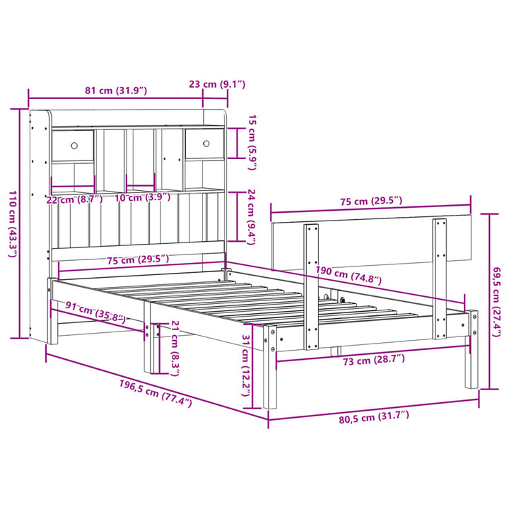 seng med reol uden madras 75x190 cm massivt fyrretræ hvid