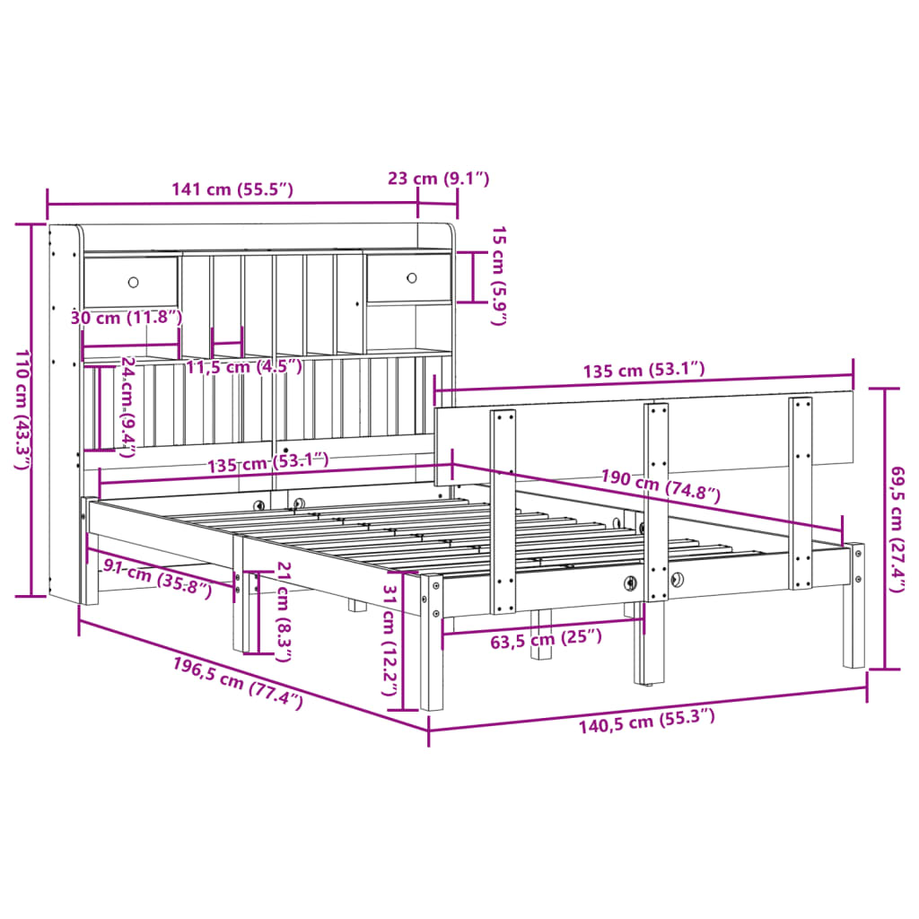 seng med reol uden madras 135x190 cm massivt fyrretræ hvid