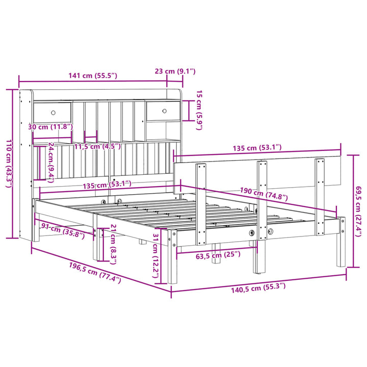 seng med reol uden madras 135x190 cm massivt fyrretræ hvid
