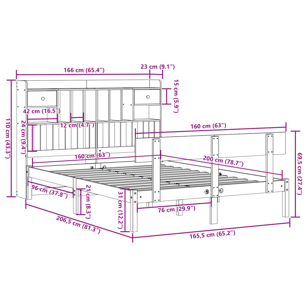seng med reol uden madras 160x200 cm massivt fyrretræ hvid
