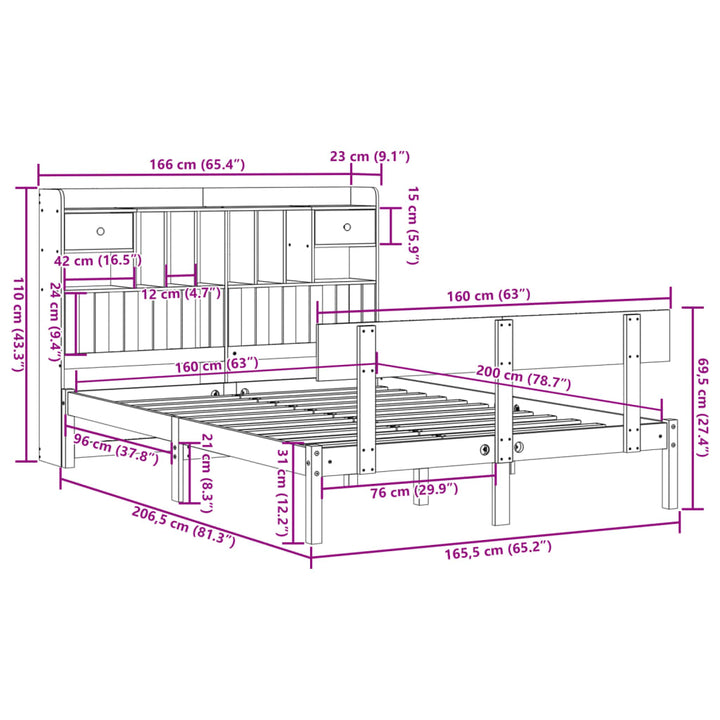 seng med reol uden madras 160x200 cm massivt fyrretræ hvid
