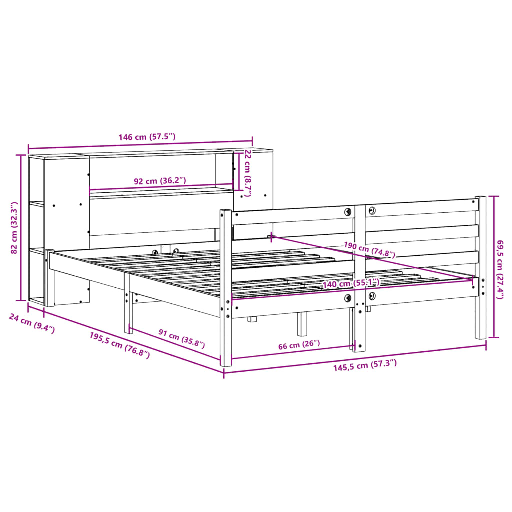 seng med reol uden madras 140x190 cm massivt fyrretræ hvid
