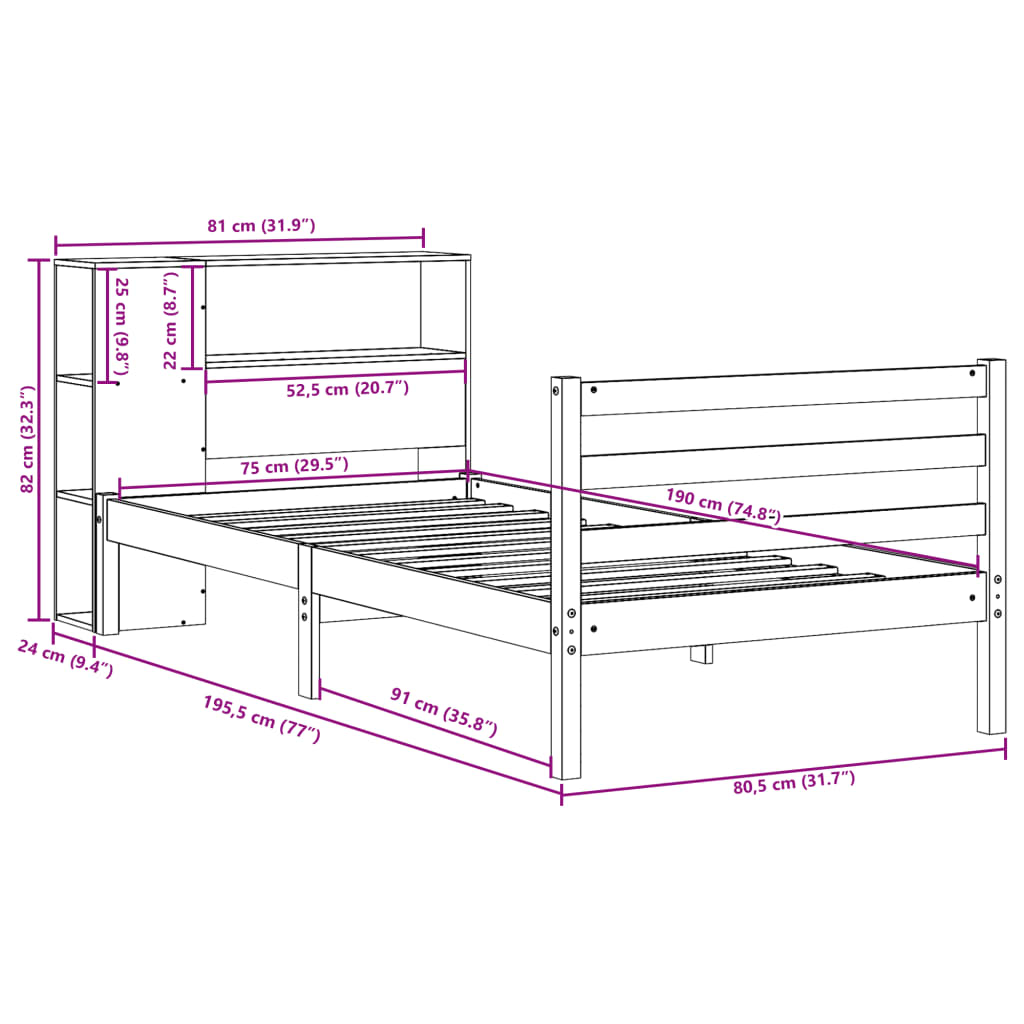 seng med reol uden madras 75x190 cm massivt fyrretræ