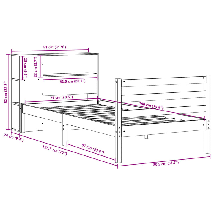 seng med reol uden madras 75x190 cm massivt fyrretræ