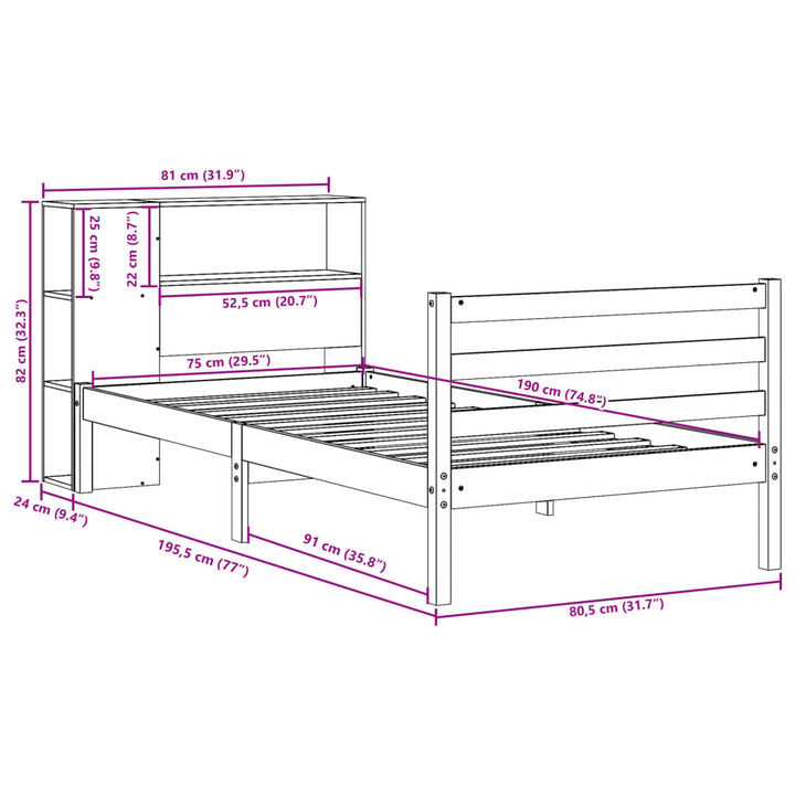seng med reol uden madras 75x190 cm massivt fyrretræ hvid