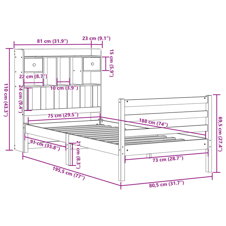 seng med reol uden madras 75x190 cm massivt fyrretræ hvid
