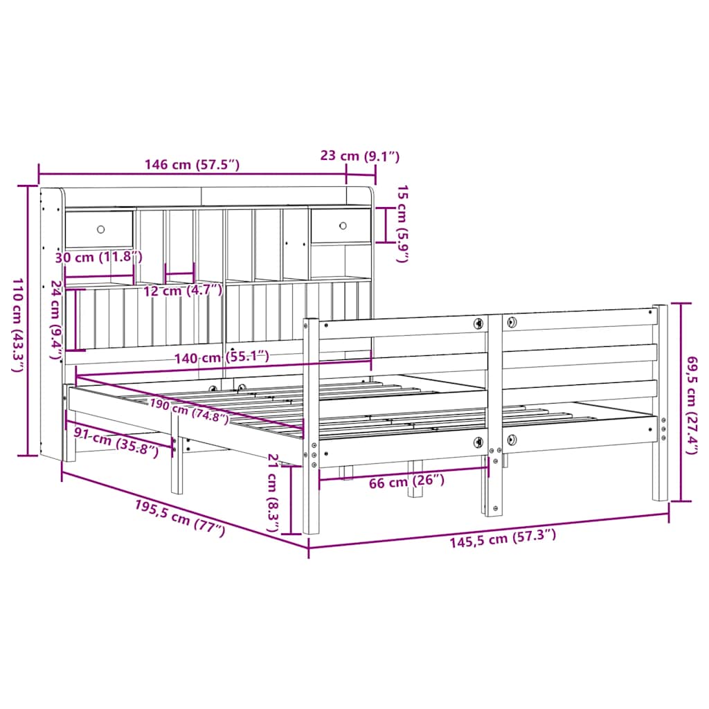 seng med reol uden madras 140x190 cm massivt fyrretræ hvid