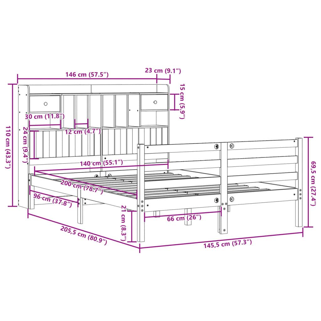 seng med reol uden madras 140x200 cm massivt fyrretræ hvid