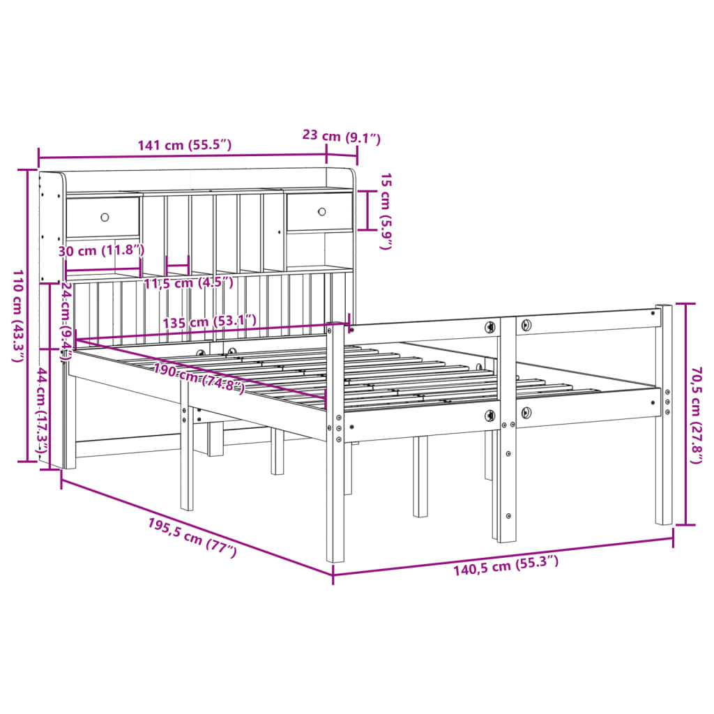 seng med reol uden madras 135x190 cm massivt fyrretræ