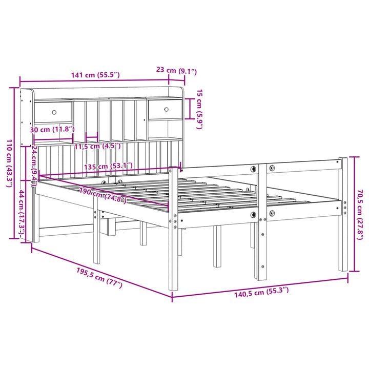 seng med reol uden madras 135x190 cm massivt fyrretræ