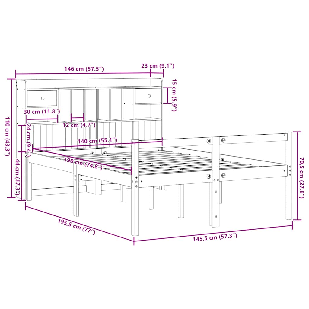 seng med reol uden madras 140x190 cm massivt fyrretræ
