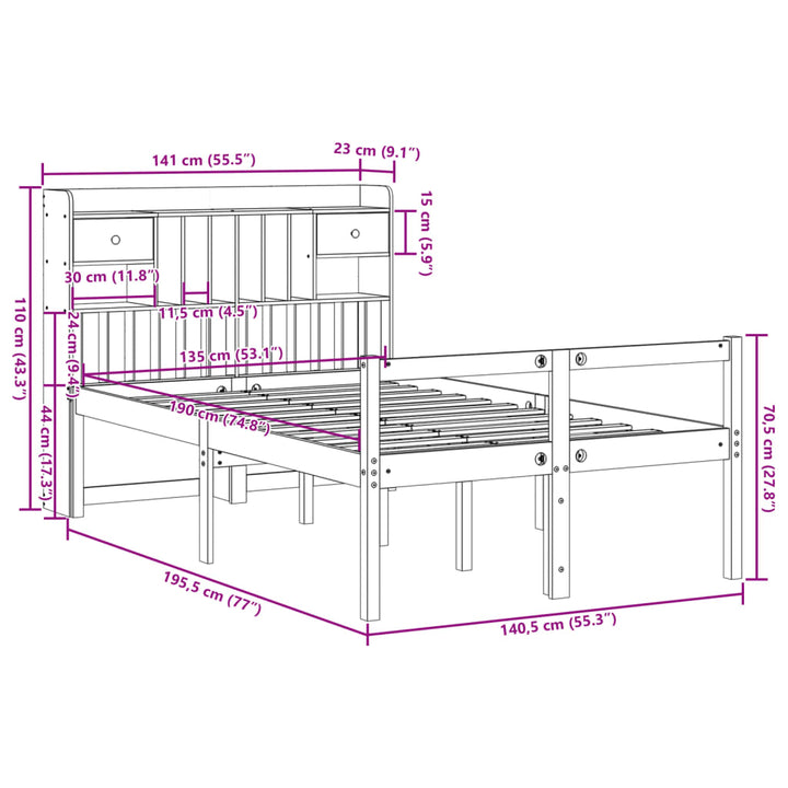 seng med reol uden madras 135x190cm massivt fyrretræ gyldenbrun