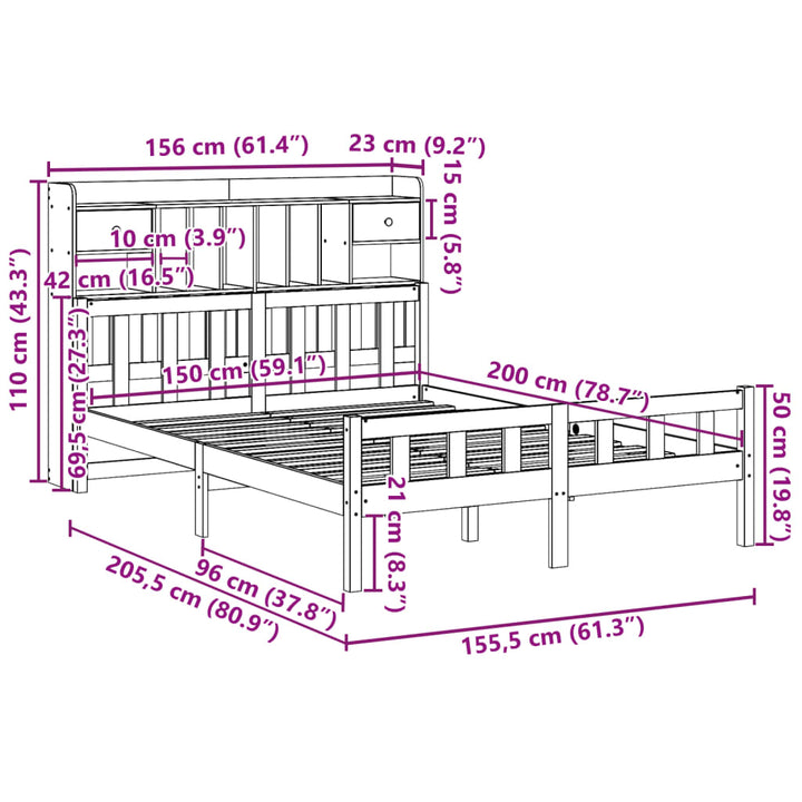 seng med reol uden madras 150x200 cm massivt fyrretræ hvid