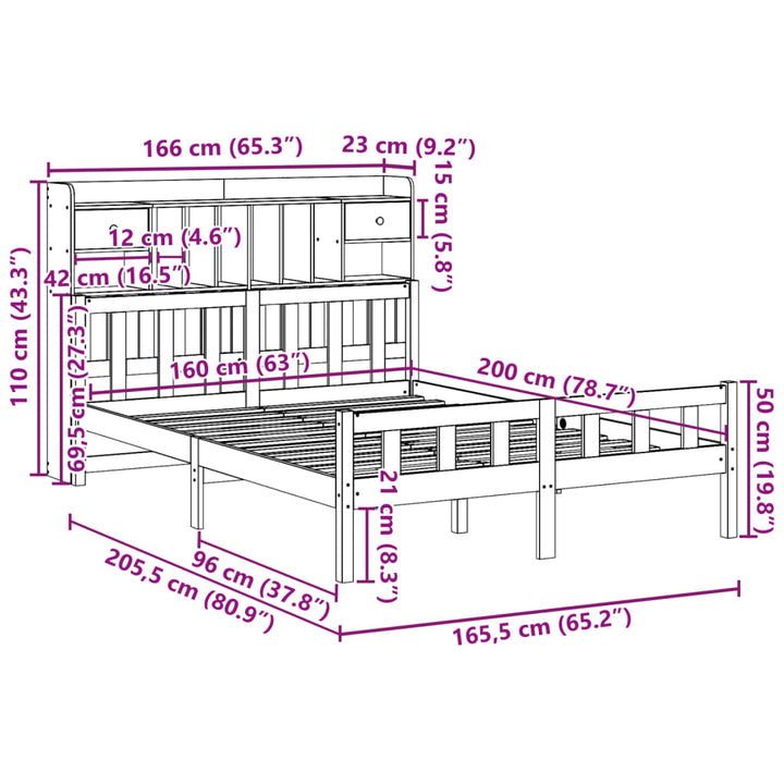 seng med reol uden madras 160x200 cm massivt fyrretræ hvid