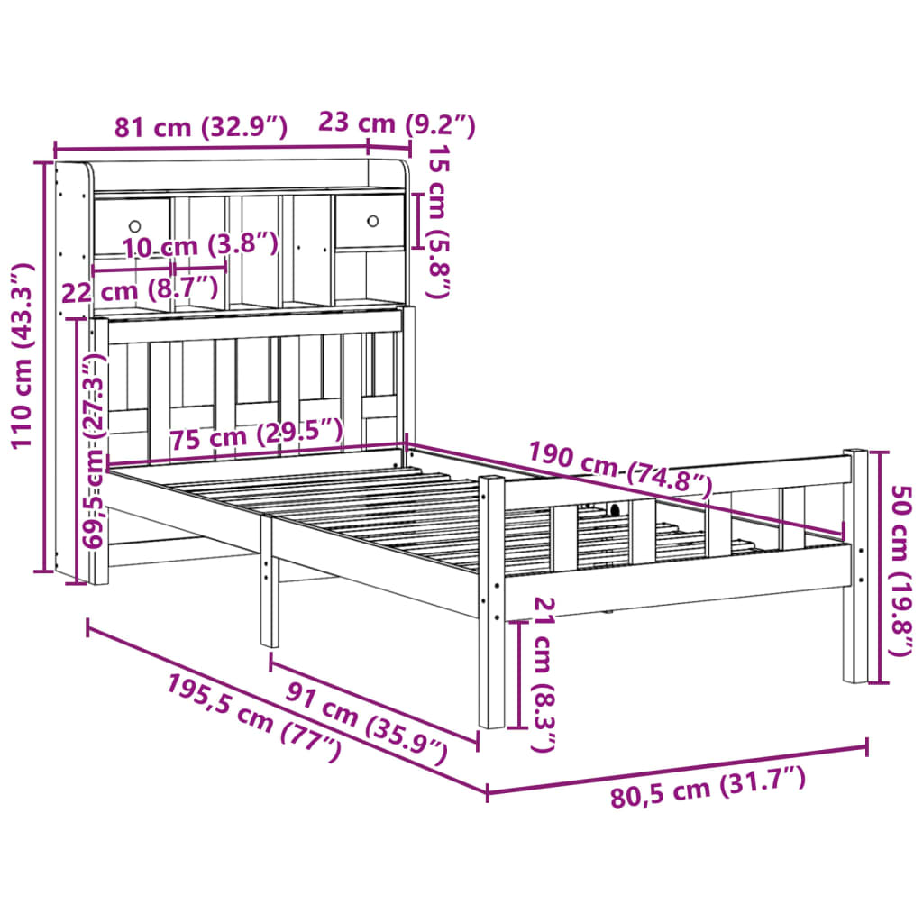 seng med reol uden madras 75x190 cm massivt fyrretræ gyldenbrun