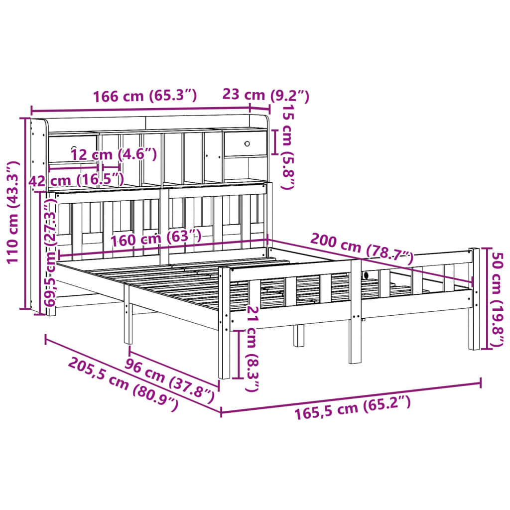 seng med reol uden madras 160x200cm massivt fyrretræ gyldenbrun