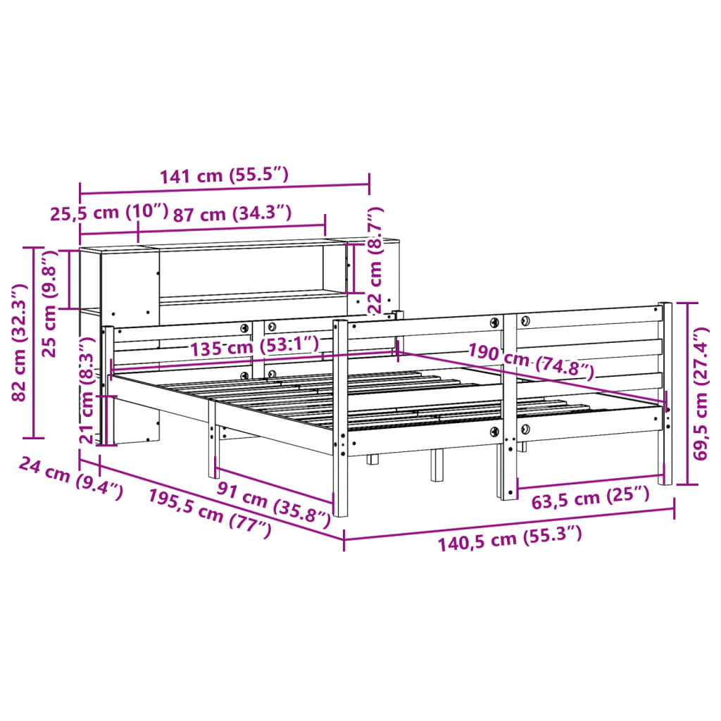 seng med reol uden madras 135x190 cm massivt fyrretræ