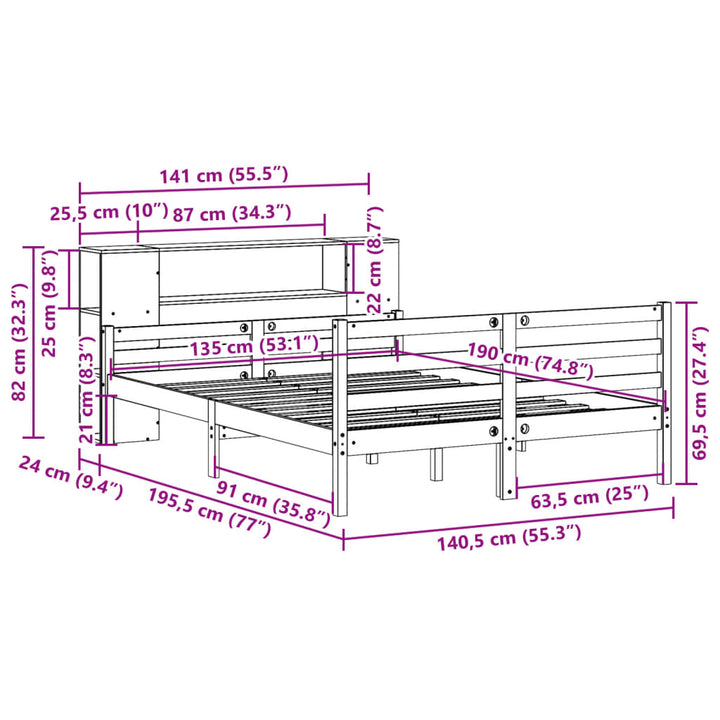 seng med reol uden madras 135x190 cm massivt fyrretræ