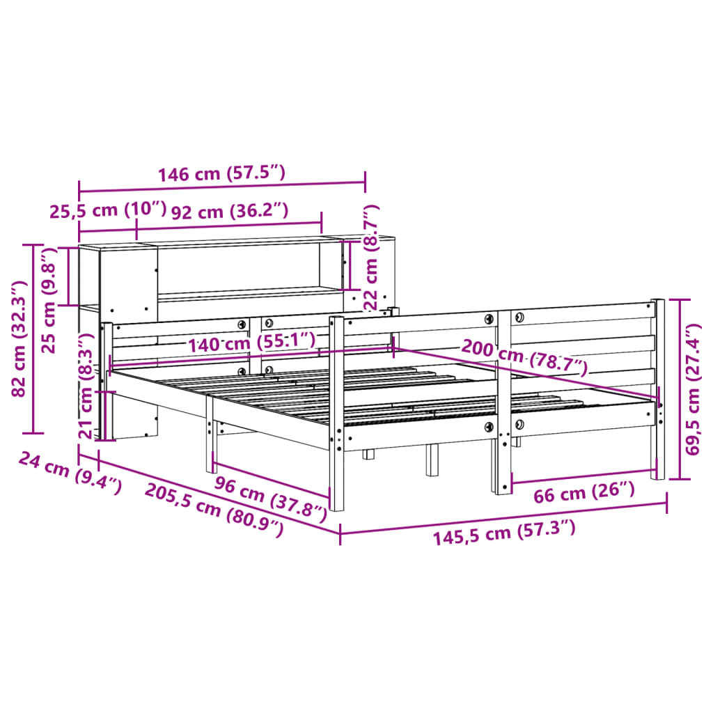 seng med reol uden madras 140x200 cm massivt fyrretræ hvid