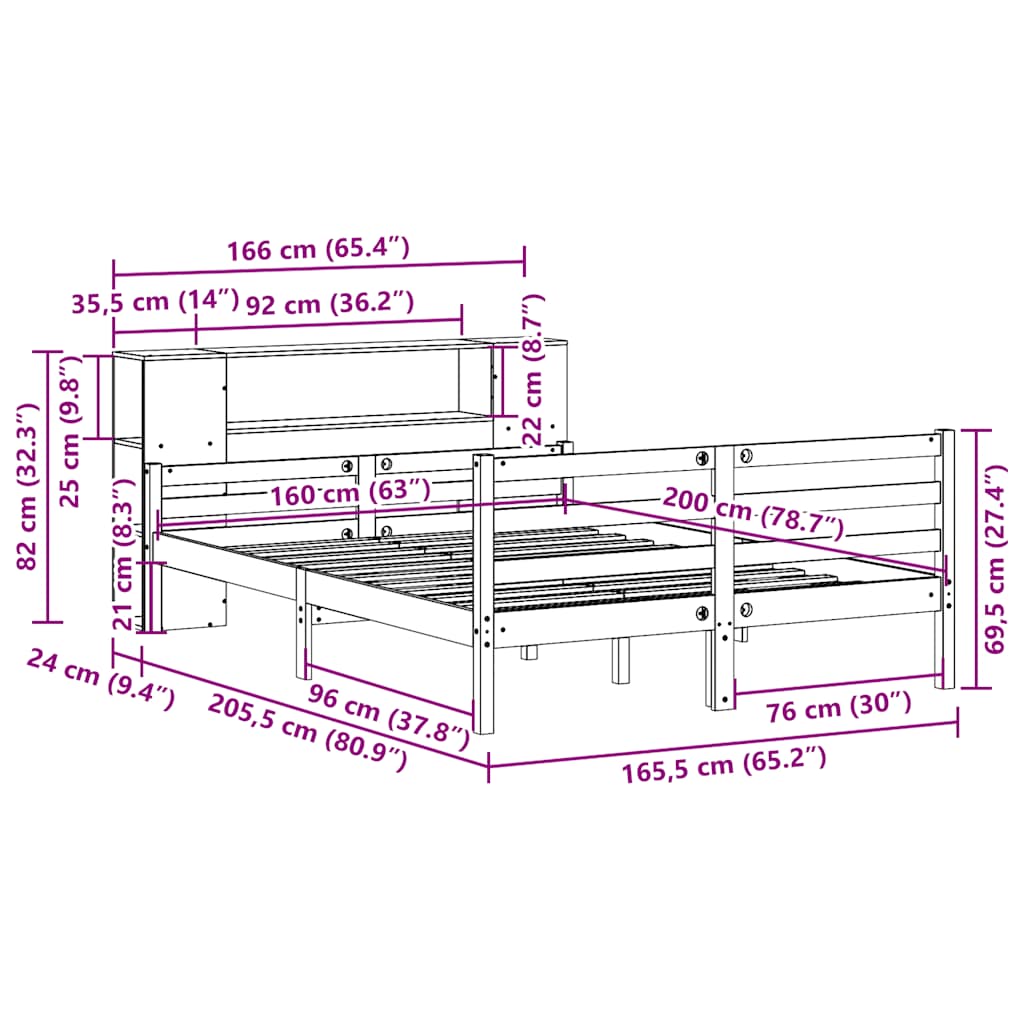 seng med reol uden madras 160x200 cm massivt fyrretræ