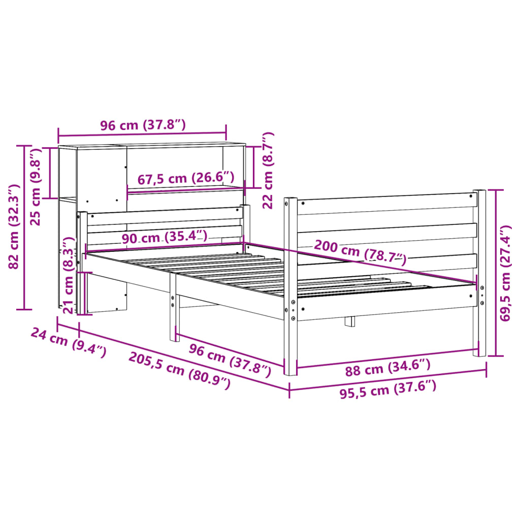 seng med reol uden madras 90x200 cm massivt fyrretræ