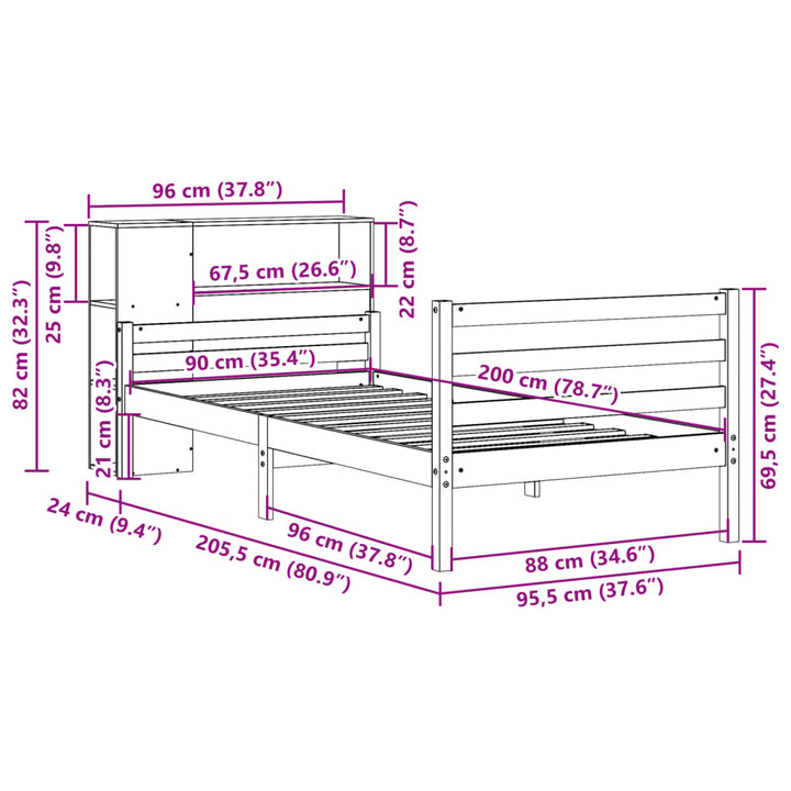seng med reol uden madras 90x200 cm massivt fyrretræ