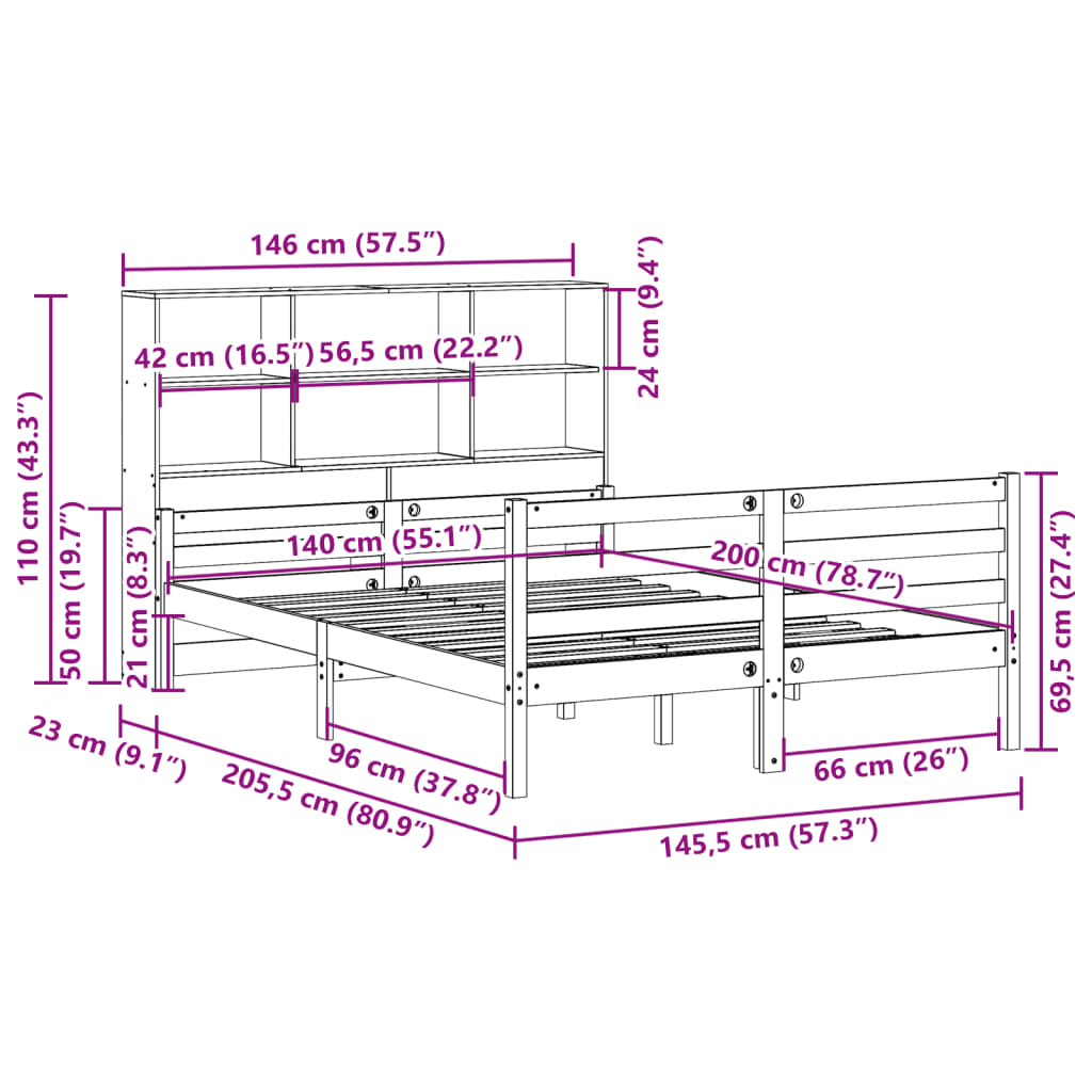 seng med reol uden madras 140x200 cm massivt fyrretræ hvid