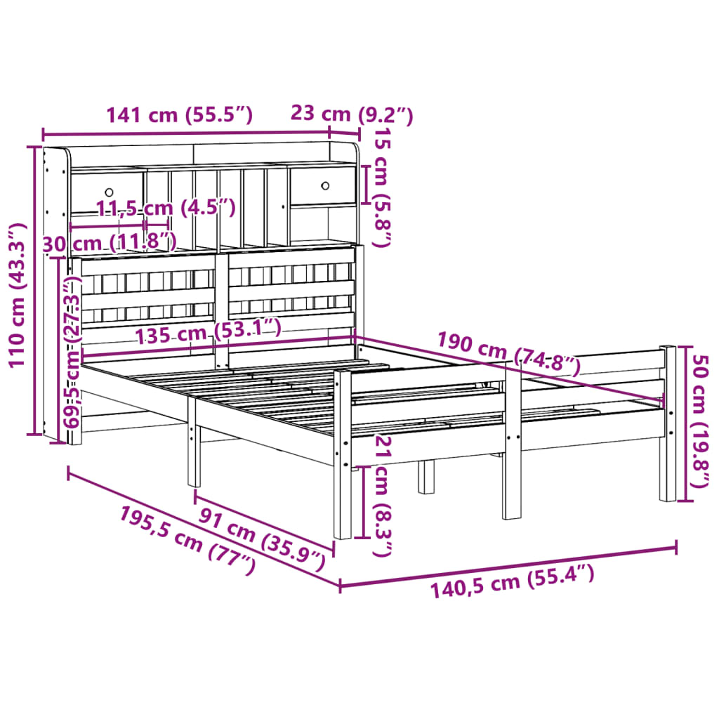 seng med reol uden madras 135x190 cm massivt fyrretræ