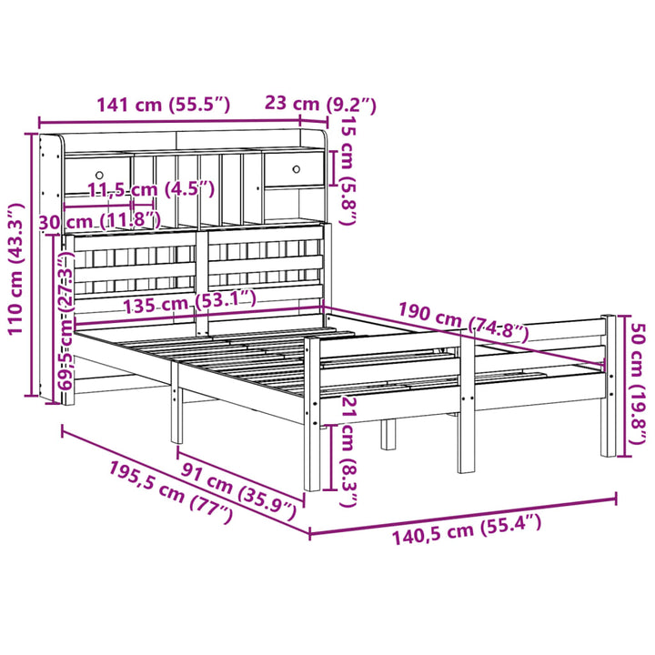 seng med reol uden madras 135x190 cm massivt fyrretræ