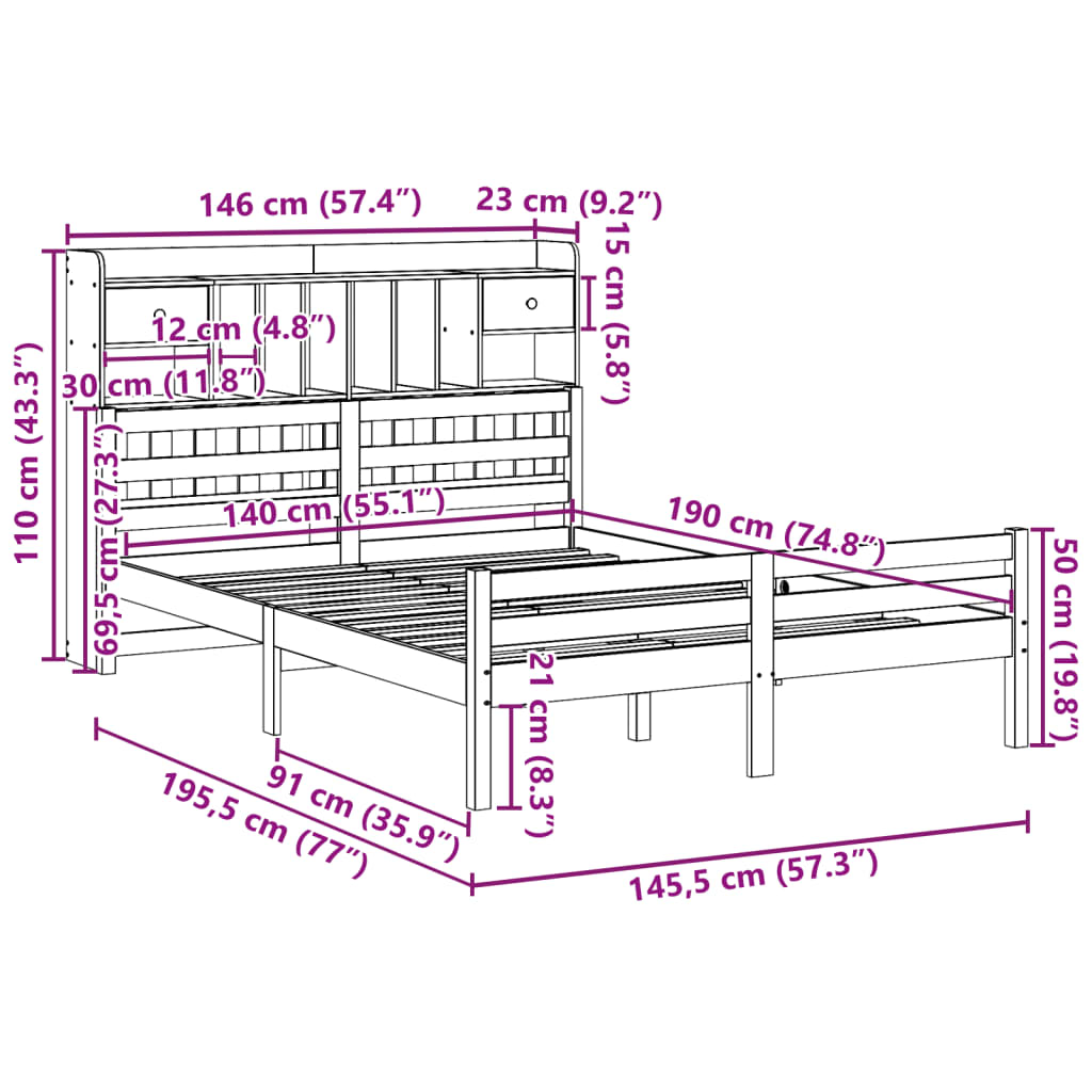 seng med reol uden madras 140x190 cm massivt fyrretræ