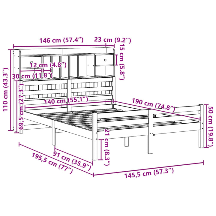 seng med reol uden madras 140x190 cm massivt fyrretræ