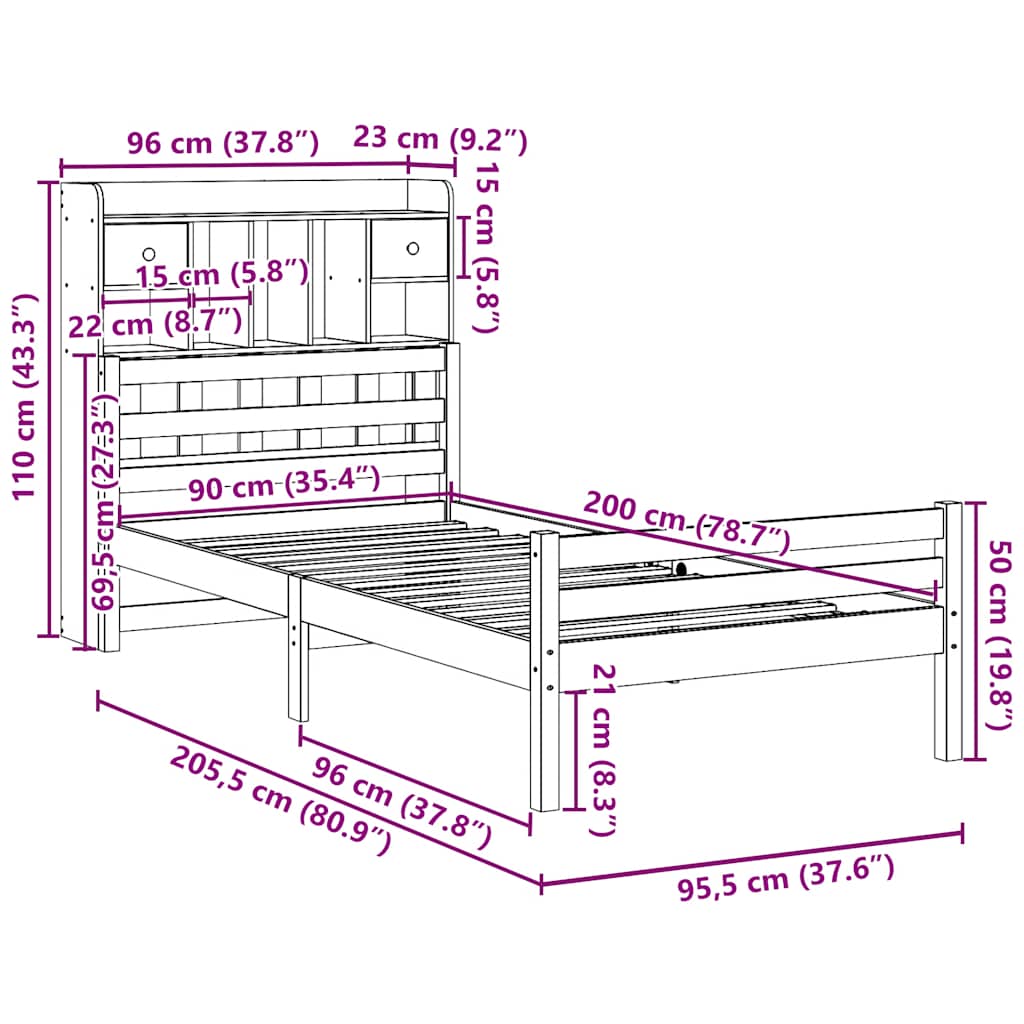 seng med reol uden madras 90x200 cm massivt fyrretræ