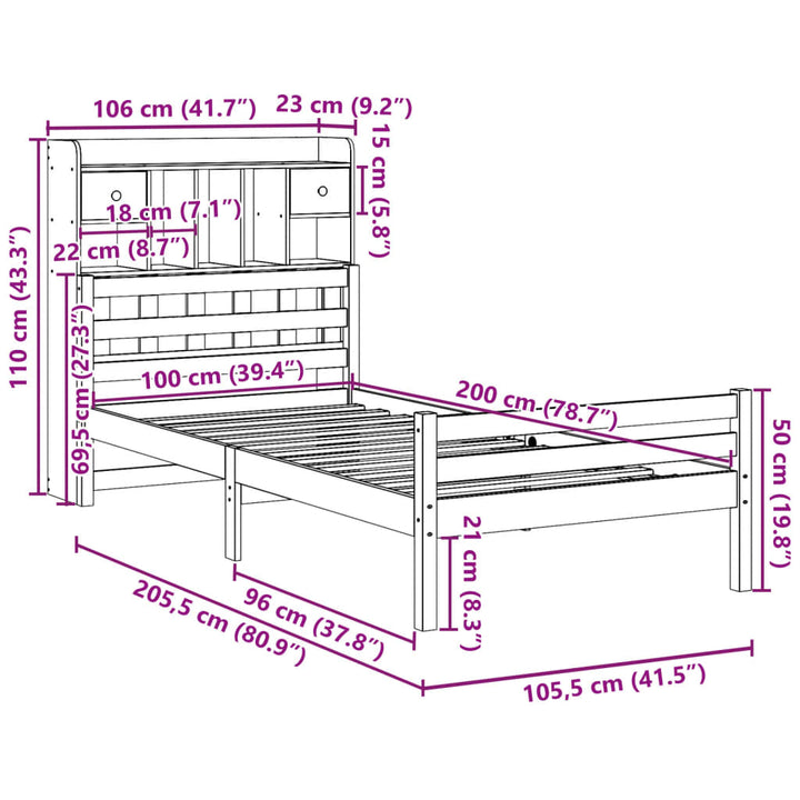seng med reol uden madras 100x200 cm massivt fyrretræ