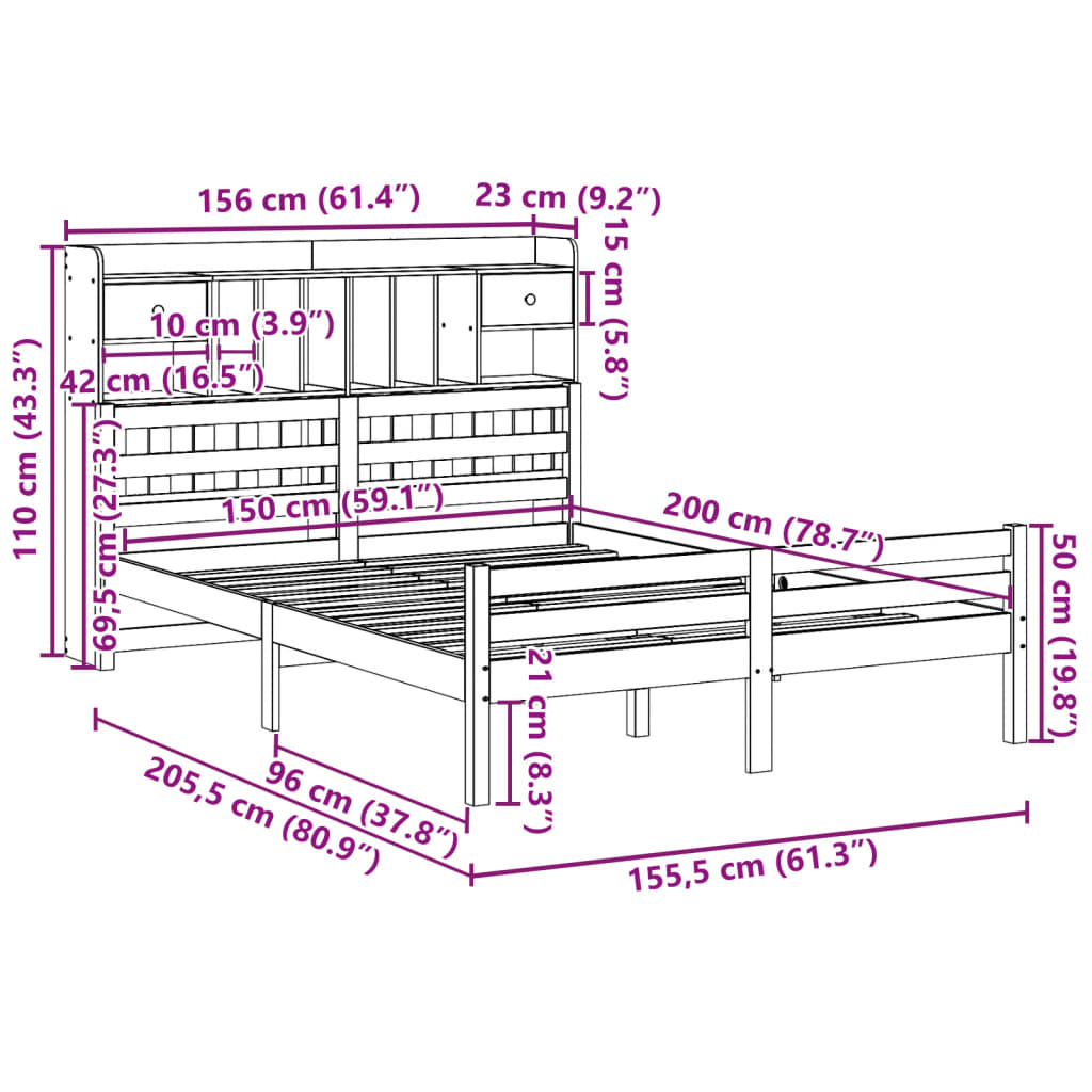 seng med reol uden madras 150x200 cm massivt fyrretræ hvid