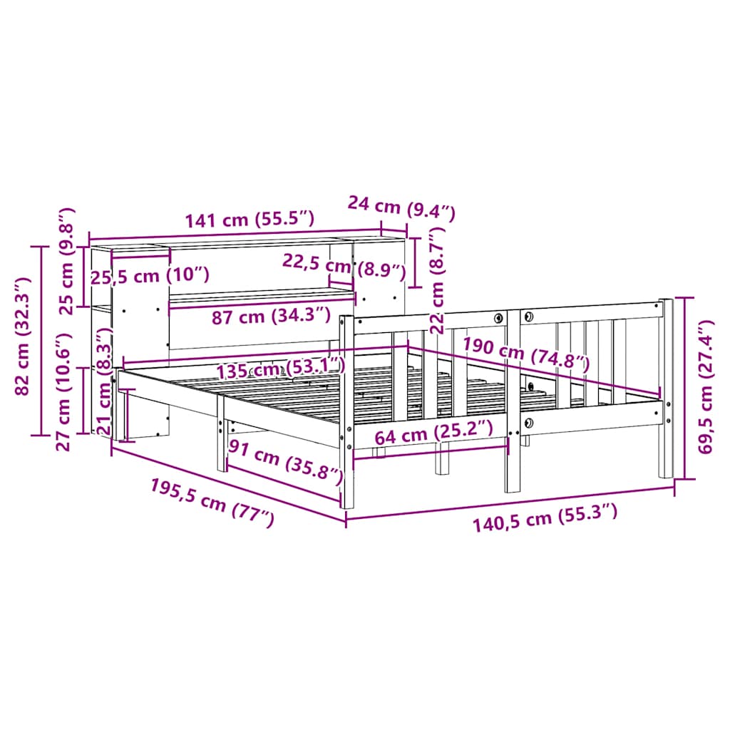 seng med reol uden madras 135x190 cm massivt fyrretræ