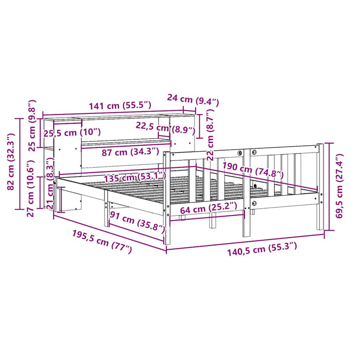 seng med reol uden madras 135x190 cm massivt fyrretræ