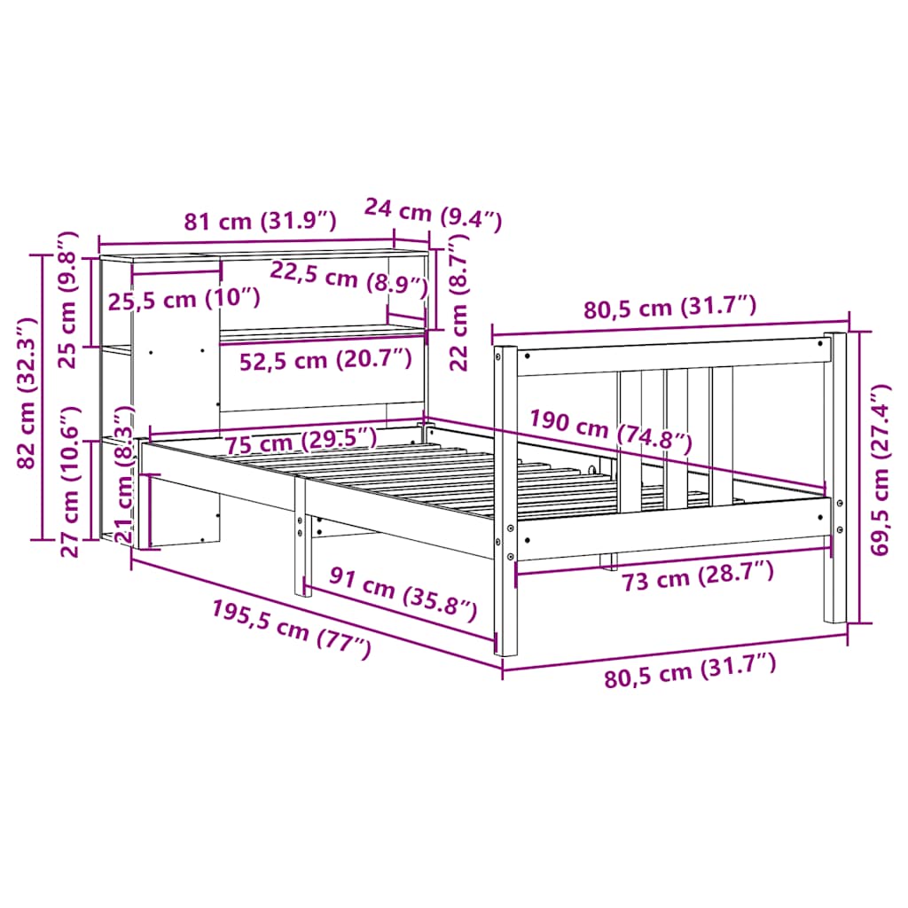 seng med reol uden madras 75x190 cm massivt fyrretræ