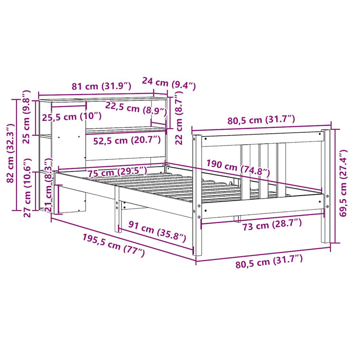 seng med reol uden madras 75x190 cm massivt fyrretræ