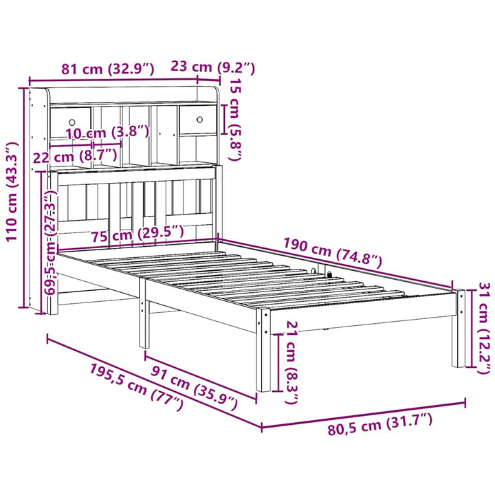 seng med reol uden madras 75x190 cm massivt fyrretræ