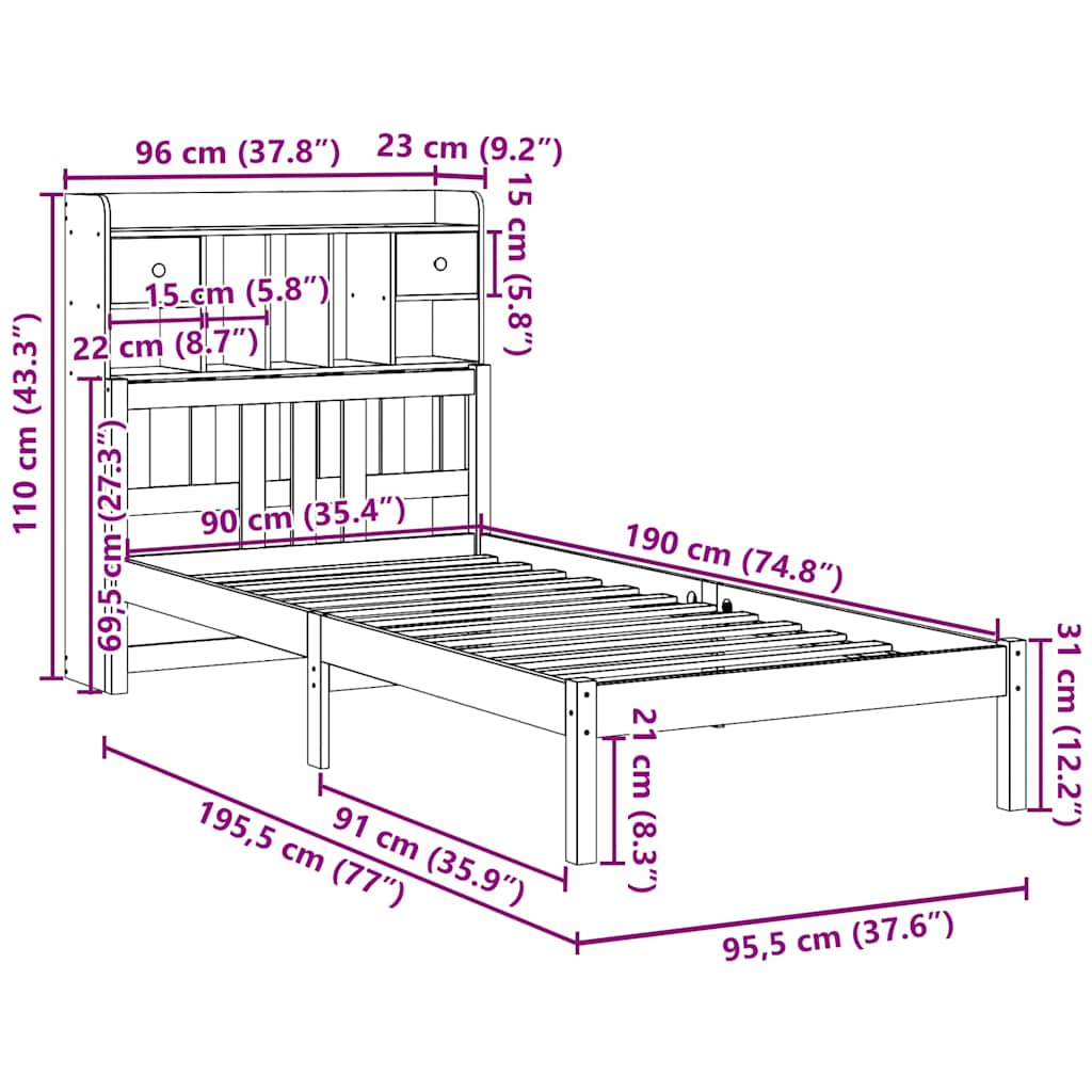 seng med reol uden madras 90x190 cm massivt fyrretræ