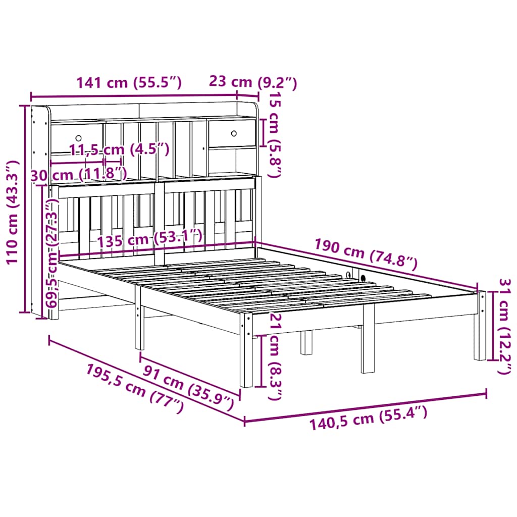 seng med reol uden madras 135x190 cm massivt fyrretræ