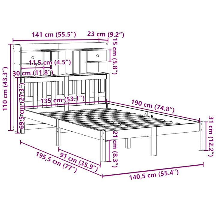 seng med reol uden madras 135x190 cm massivt fyrretræ