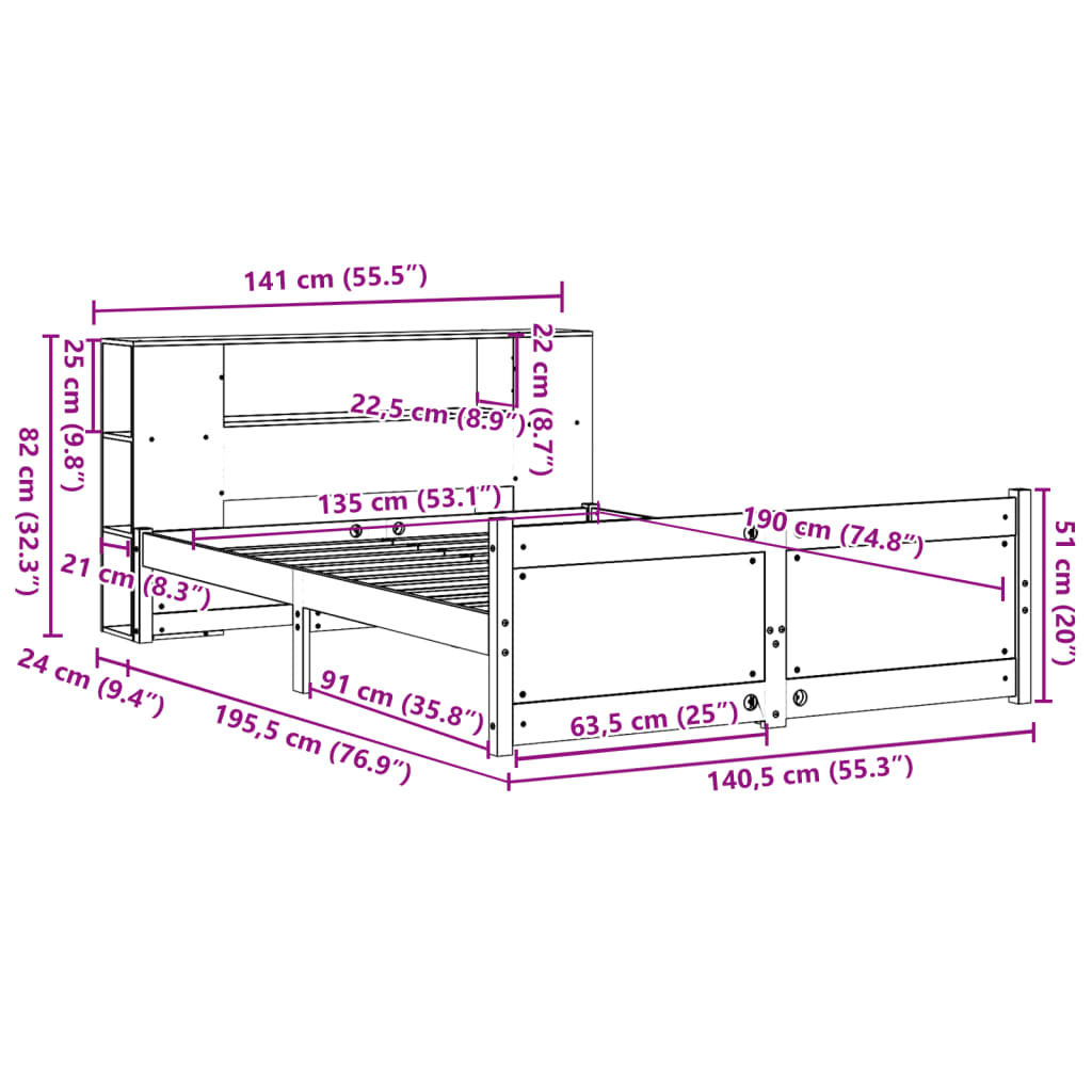 seng med reol uden madras 135x190 cm massivt fyrretræ hvid