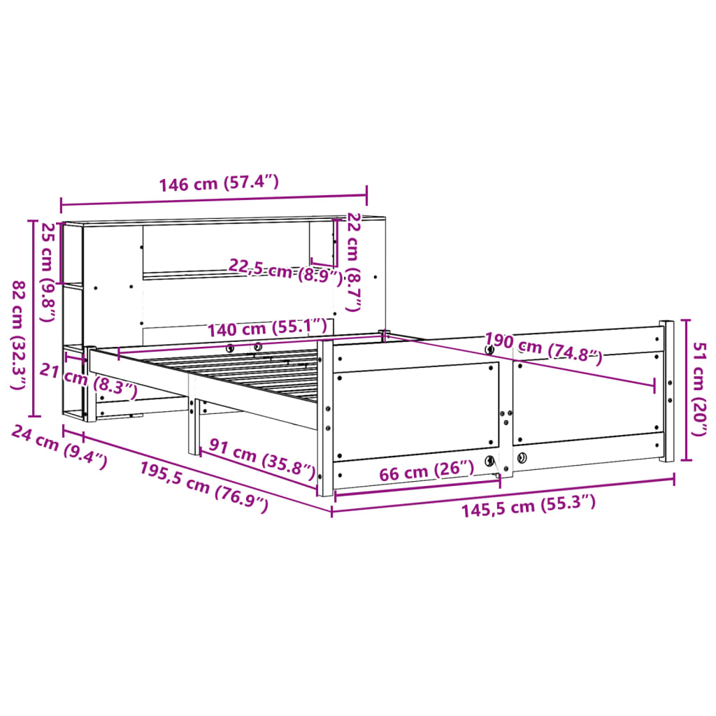 seng med reol uden madras 140x190 cm massivt fyrretræ hvid