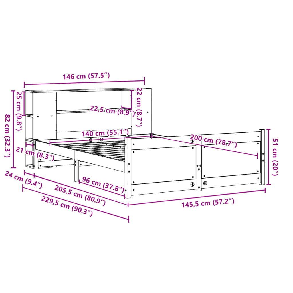 seng med reol uden madras 140x200 cm massivt fyrretræ hvid