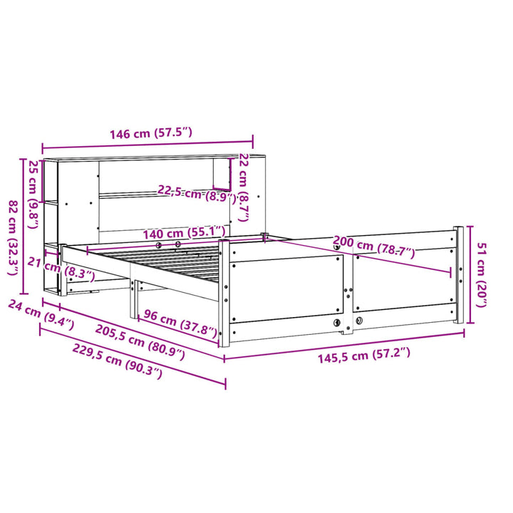 seng med reol uden madras 140x200 cm massivt fyrretræ hvid